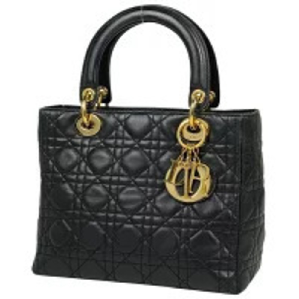 Christian Dior Lady Cannage Handbag Leather Black